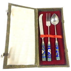 Vintage Chinese Cloisonne Blue Enamel Mini Cutlery Set in Velvet Lined Box